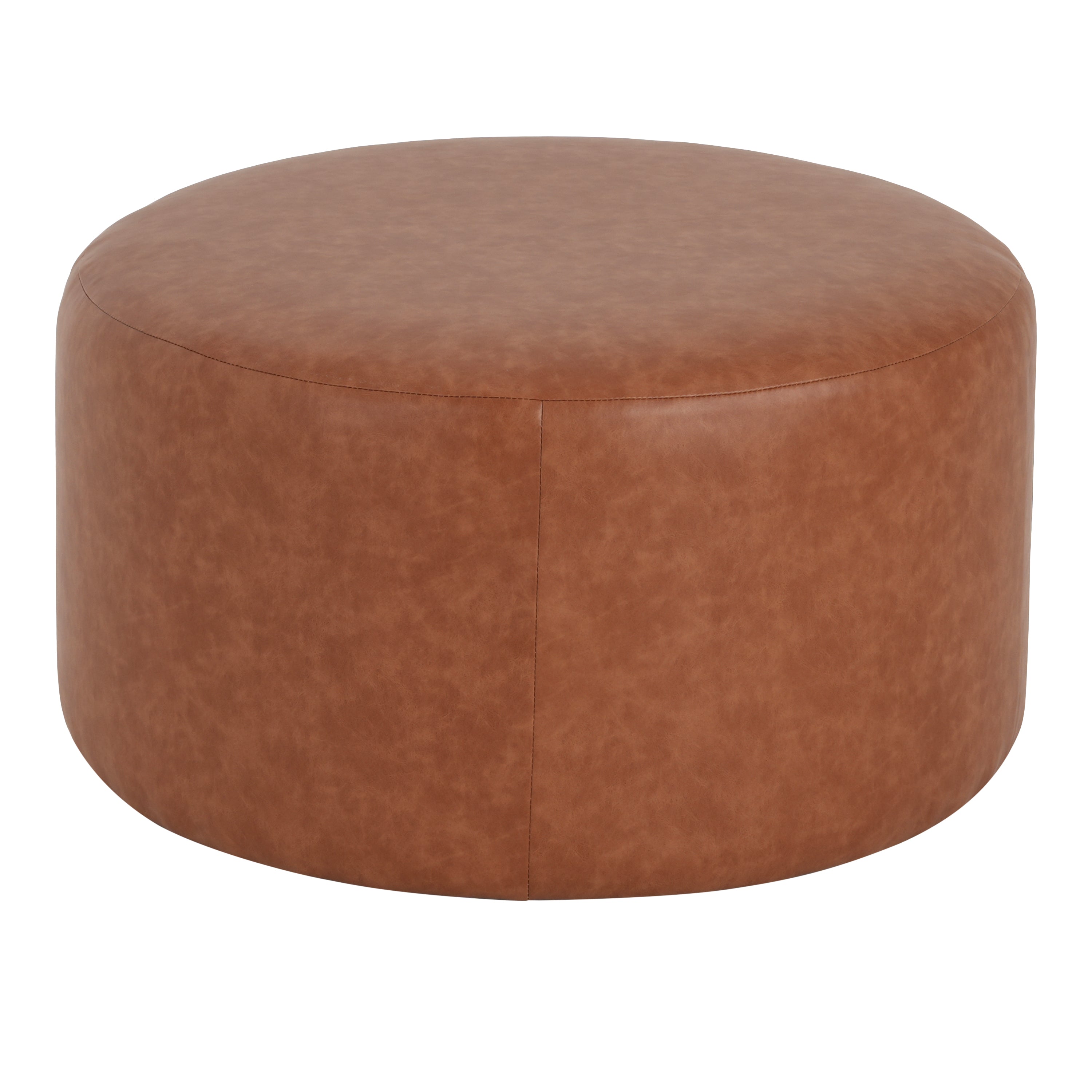 Upholstered Round Ottoman,PU Leather, Cognac Brown - Grand Goldman Shop
