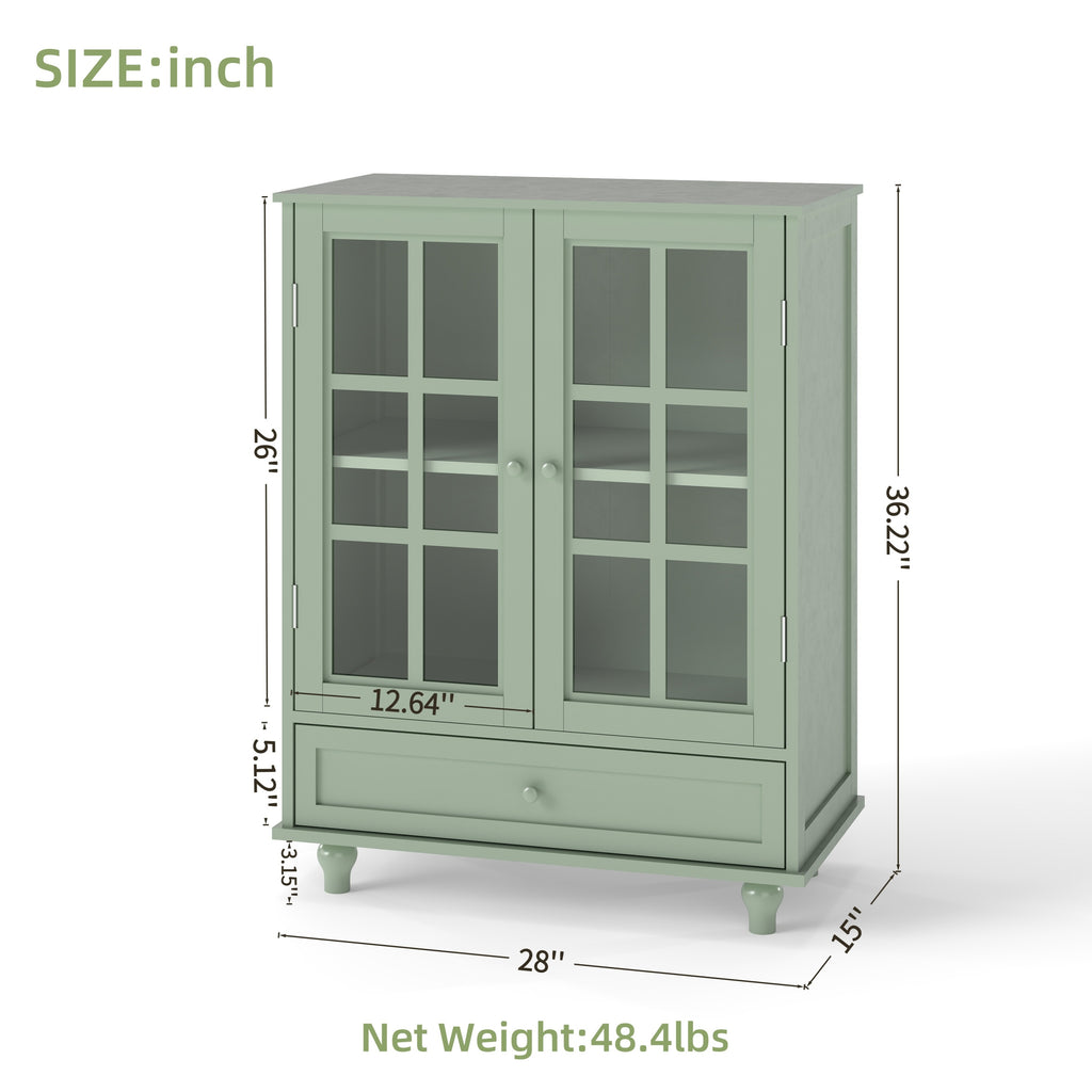 Minimalism Buffet Cabinet with Double Glass Doors and Drawer, Modern Wooden Storage Sideboard Cupboard, Mint Green, MDF and Solid Wood, 28''x15''x36.22'' - Grand Goldman Shop
