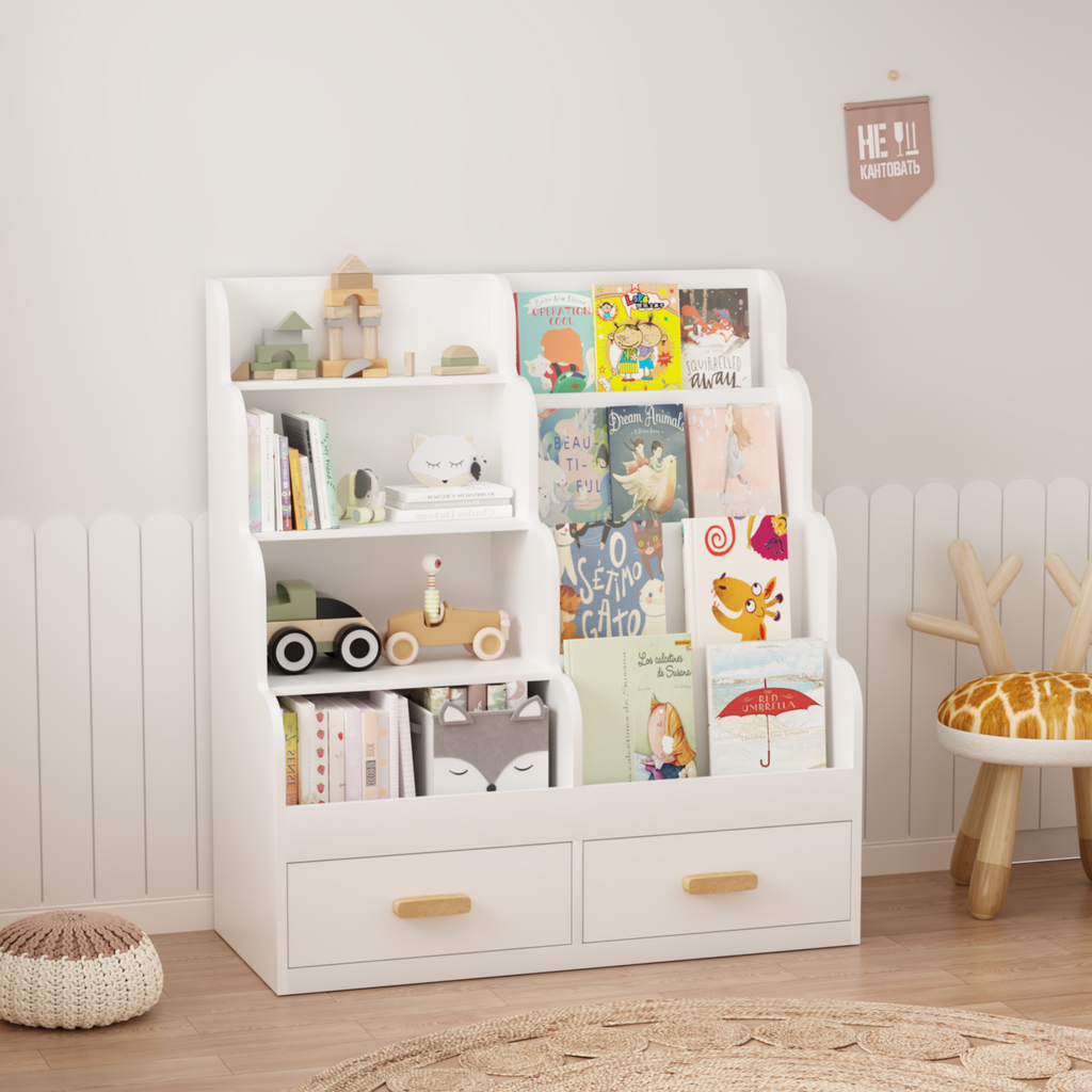 Kids Bookshelf with 2 Storage Drawers, Front-Facing Children's Bookcase and Toy Organizer, Multi-Tier Reading Shelf for Toddl