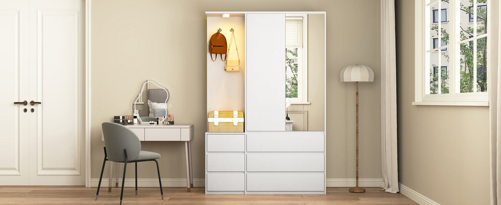 Wardrobe Closet 71.7' H, Bedroom Wooden Wardrobe with 2 Doors 6 Drawers, Modern Clothing Storage Cabinet Combination with Storage Shelves and Hanging Rail, White - Grand Goldman Shop