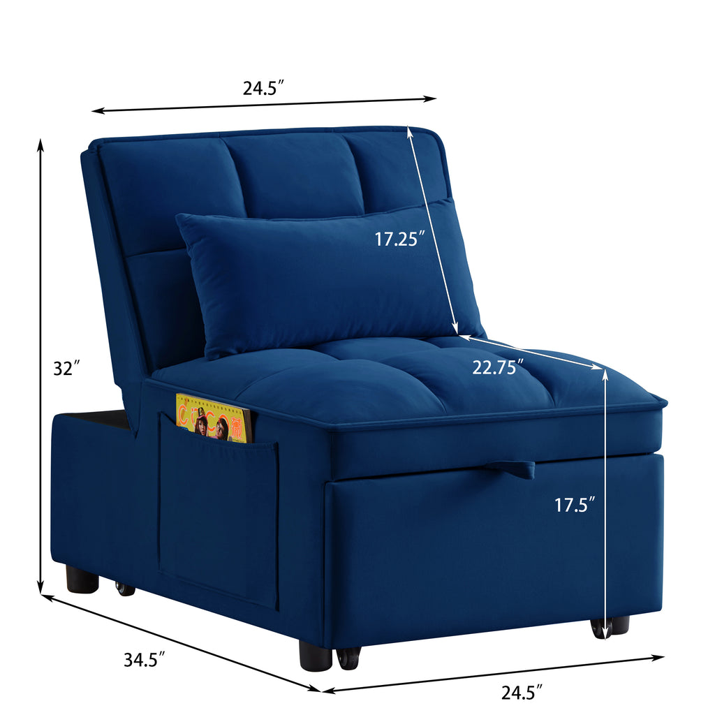 4 in1 Multi-Function Single Sofa Bed with Storage Pockets,Tufted Single Pull-out Sofa Bed with Adjustable Backrest and Pillows ,Convertible  Chaise Lounge, Navy - Grand Goldman Shop