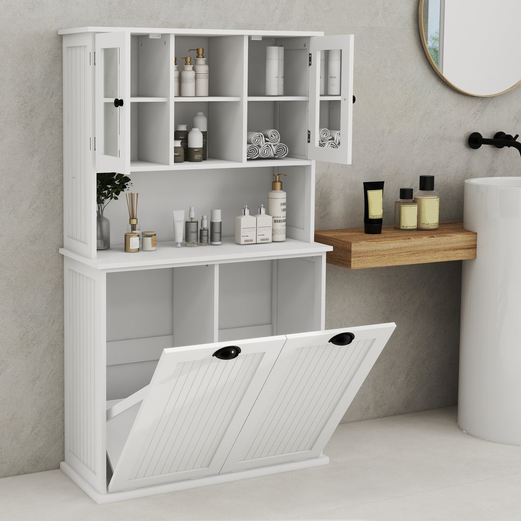 Two-Compartment Tilt-Out Dirty Laundry Basket Tall Bathroom Cabinet with 2 Adjustable Shelves-White - Grand Goldman Shop