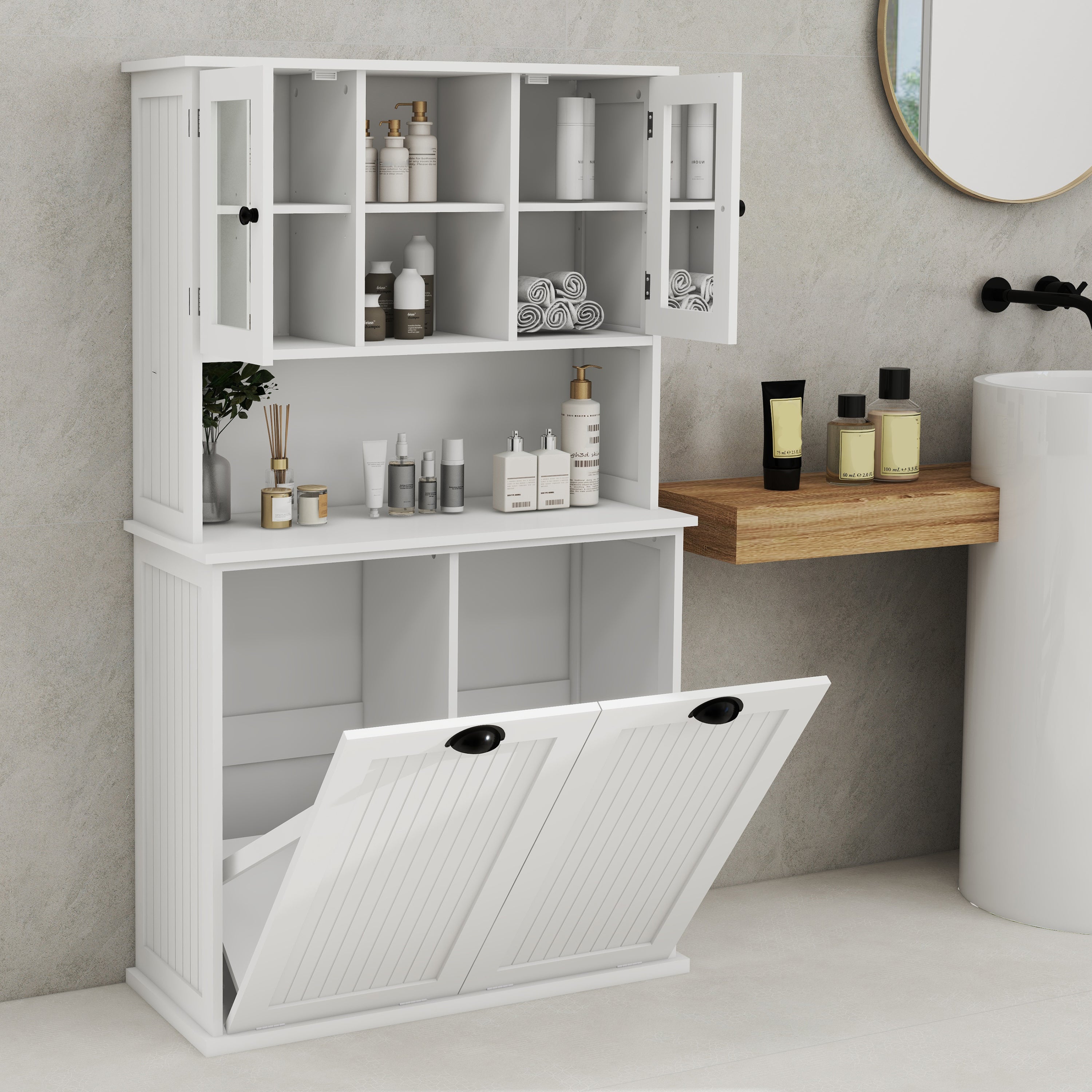 Two-Compartment Tilt-Out Dirty Laundry Basket Tall Bathroom Cabinet with 2 Adjustable Shelves-White - Grand Goldman Shop