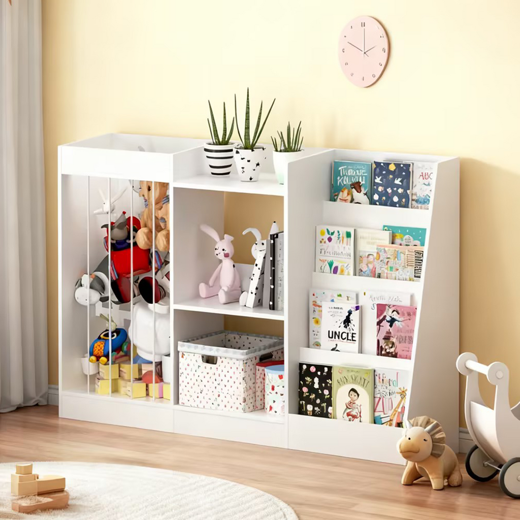 Stylish 3-in-1 Kids Bookshelf and Toy Storage, 4-Tier Book Shelf for Kids Rooms, Sling Baby Bookcase with Stuffed Animal Stor
