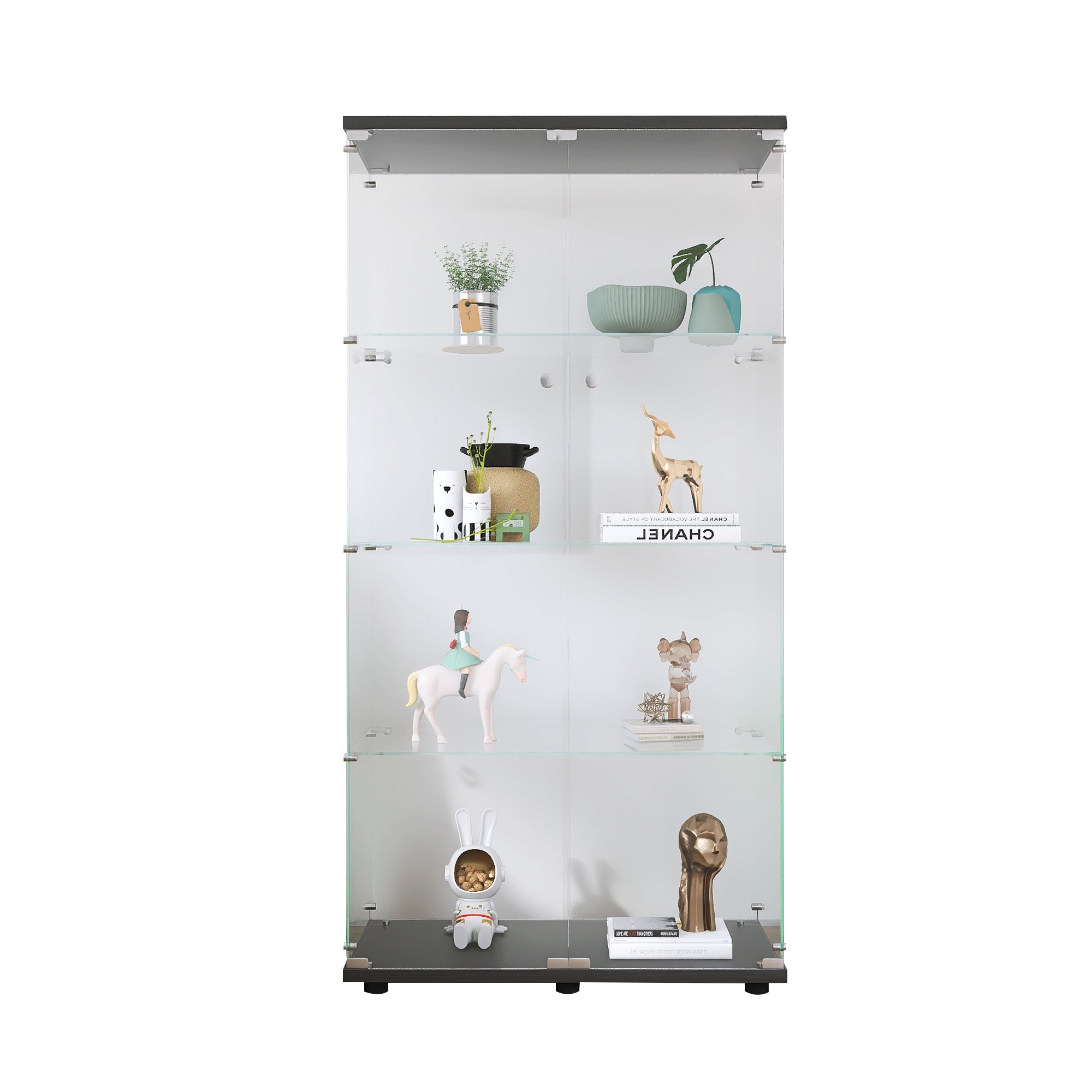 Two-door Glass Display Cabinet 4 Shelves with Door, Floor Standing Curio Bookshelf for Living Room Bedroom Office,  64.7'*31.