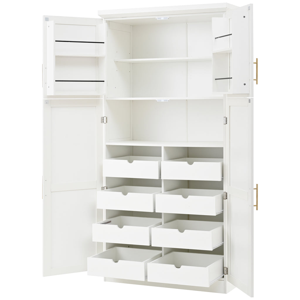 [Assembly Video Provided] TOPMAX 35.5x17.6x70.9inch Freestanding Kitchen Pantry Cabinet, Tall Storage Cabinet with 4 Doors, 2 Door Shelves, 8 Pull-out Trays and Adjustable Shelf for Dining Room, White - Grand Goldman Shop
