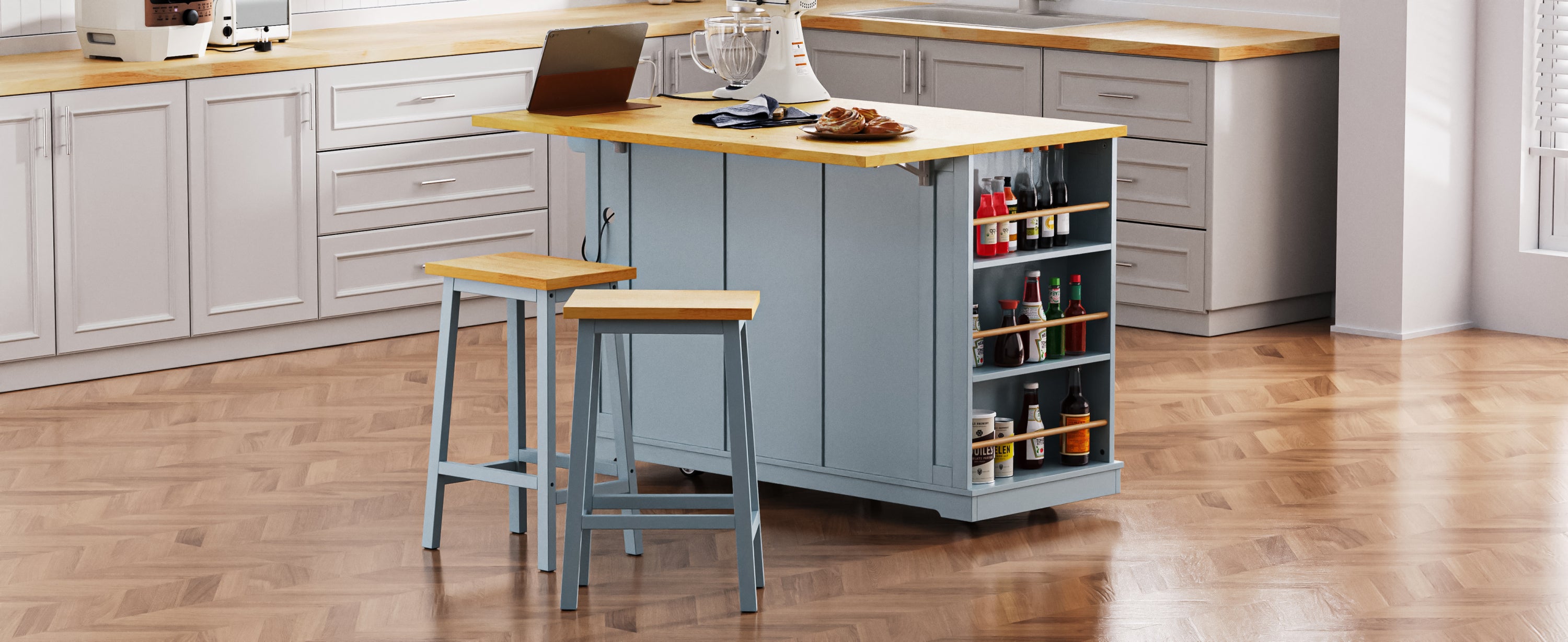 K&K 53inch Large Kitchen Island with 2 Bar Stools,Power Outlet,Door Internal Storage Rack,Kitchen Storage Cart on 5 Wheels with Drop Leaf,5 Open Side Racks,3 Drawers,Grey Blue (Three Packages) - Grand Goldman Shop