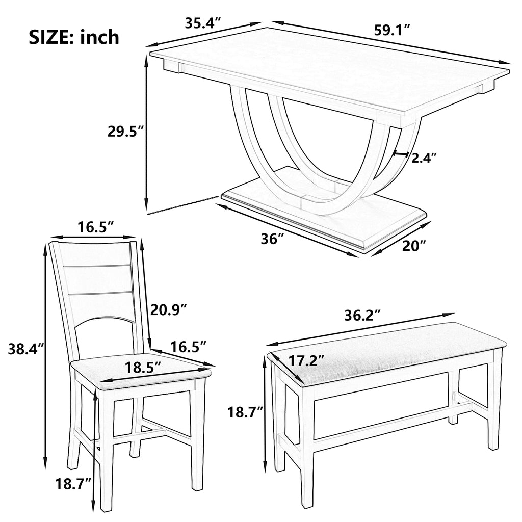 TOPMAX Modern Style Natural Wood 6-Piece Dining Table Set with Bench and Chairs, Upholstered Seats, Rubberwood Frame - Grand Goldman Shop
