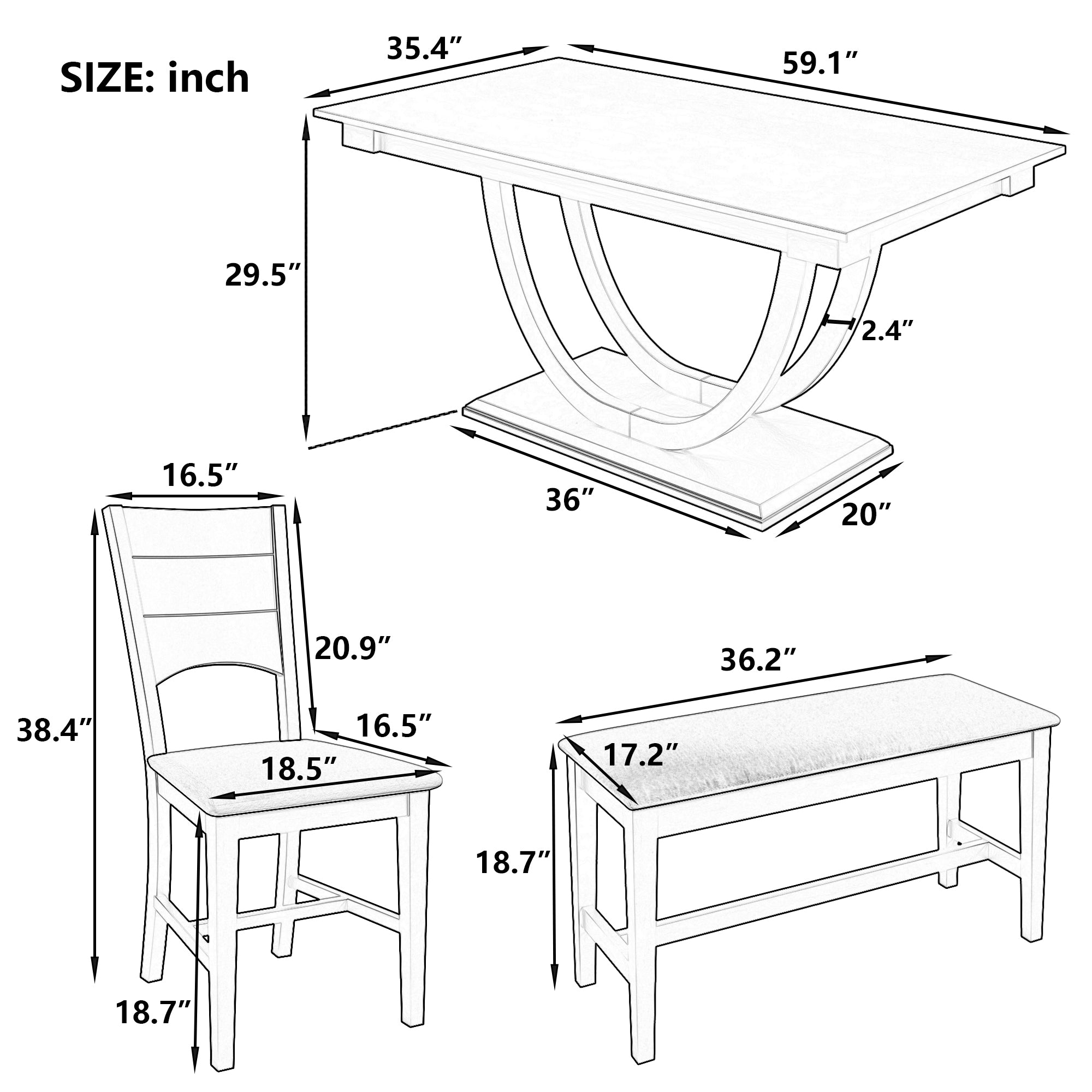 TOPMAX Modern Style Natural Wood 6-Piece Dining Table Set with Bench and Chairs, Upholstered Seats, Rubberwood Frame - Grand Goldman Shop