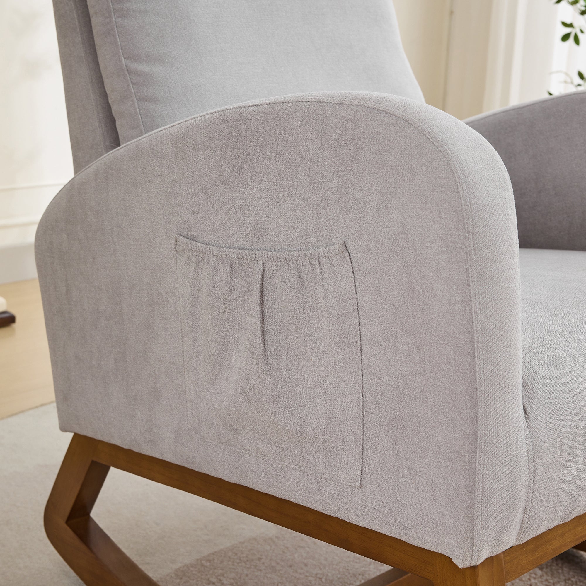 27.2'W Rocking Chair for Nursery, Polyester Glider Chair with High Back and Side Pocket, Rocking Accent Armchair with Rubber Wood Legs for Living Room/Bedroom.Light Gray - Grand Goldman Shop