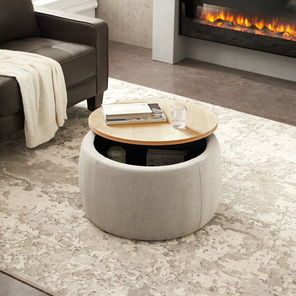 Round Storage Ottoman, 2 in 1 Function, Work as End table and Ottoman,  Grey (25.5'x25.5'x14.5') - Grand Goldman Shop