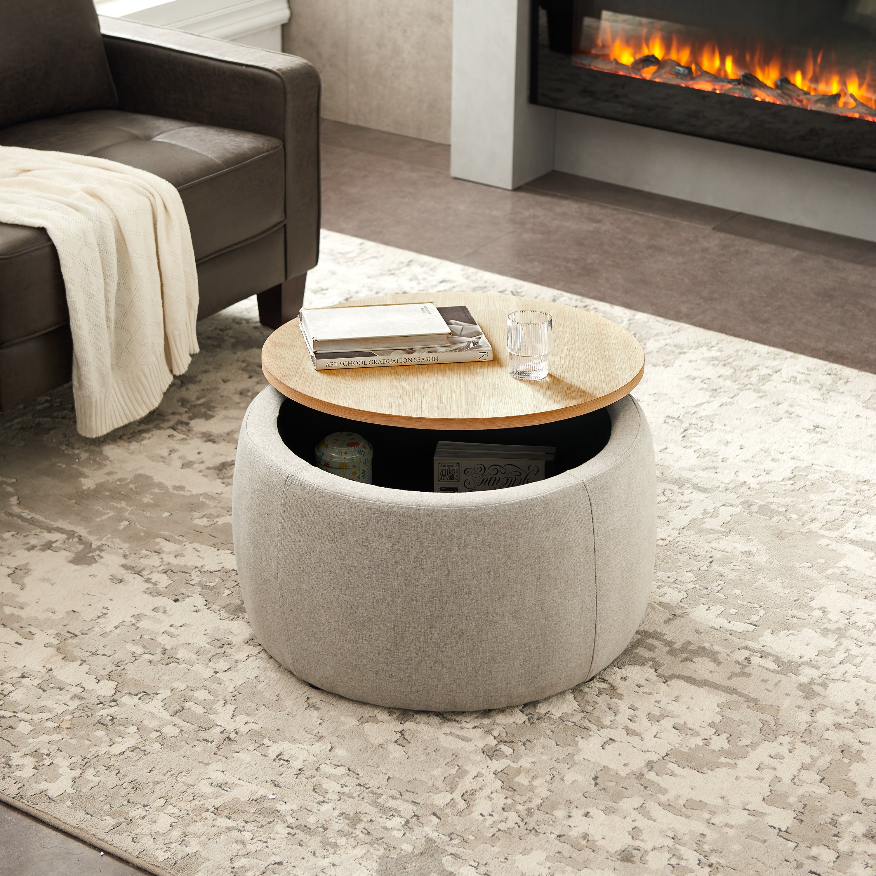 Round Storage Ottoman, 2 in 1 Function, Work as End table and Ottoman,  Grey (25.5'x25.5'x14.5') - Grand Goldman Shop