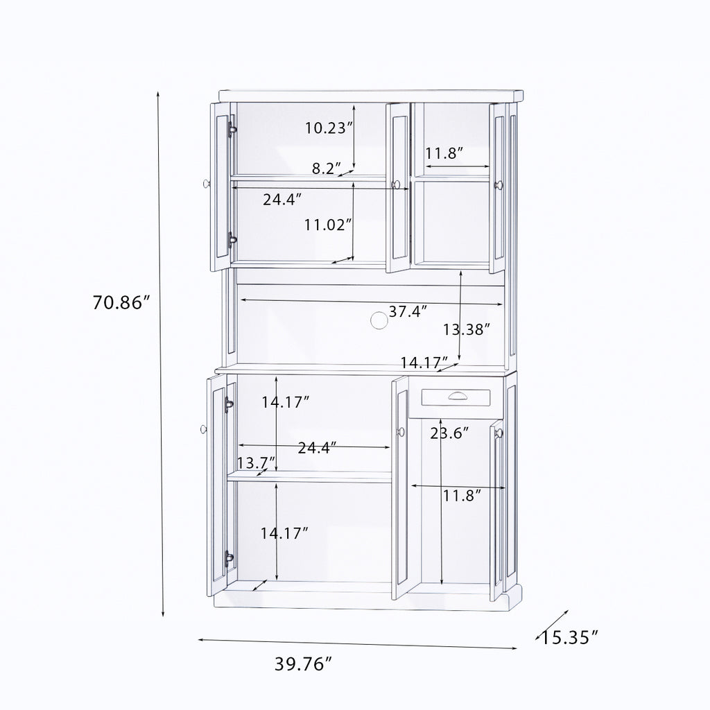 71' Kitchen Pantry Storage Cabinet with Microwave Oven Countertop, Freestanding Hutch Cabinet with Adjustable Shelves, 6 Doors and 1 Drawer-White - Grand Goldman Shop