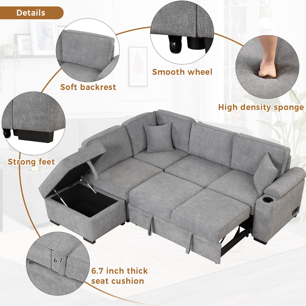 Modern Sleeper Sofa Bed with Storage Ottoman, Gray Linen, 84.75' L Shape Couch for Living Room or Apartment - Grand Goldman Shop