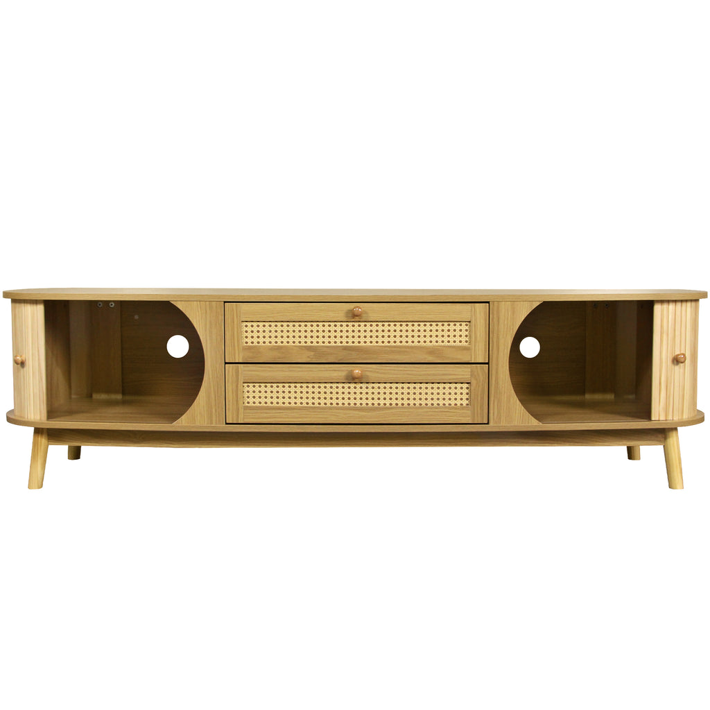 Modern Farmhouse Rattan TV Stand for TVs up to 75'', Solid Wood Legs, Natural Wood Finish Media Console with Storage Drawers and Sliding Doors - Grand Goldman Shop