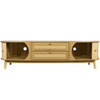 Modern Farmhouse Rattan TV Stand for TVs up to 75'', Solid Wood Legs, Natural Wood Finish Media Console with Storage Drawers and Sliding Doors - Grand Goldman Shop