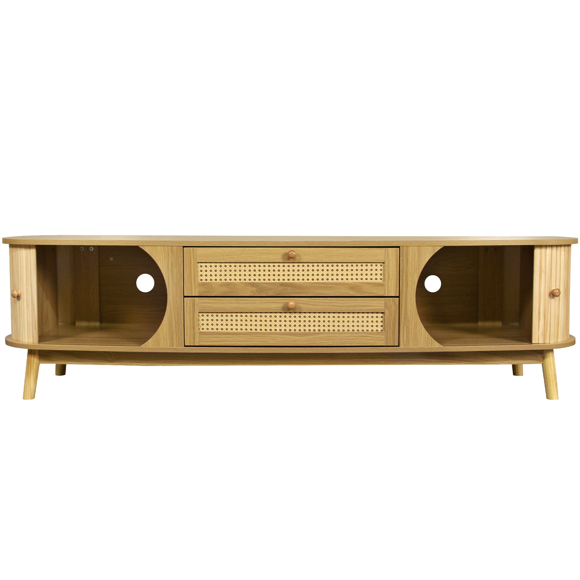 Modern Farmhouse Rattan TV Stand for TVs up to 75'', Solid Wood Legs, Natural Wood Finish Media Console with Storage Drawers and Sliding Doors - Grand Goldman Shop