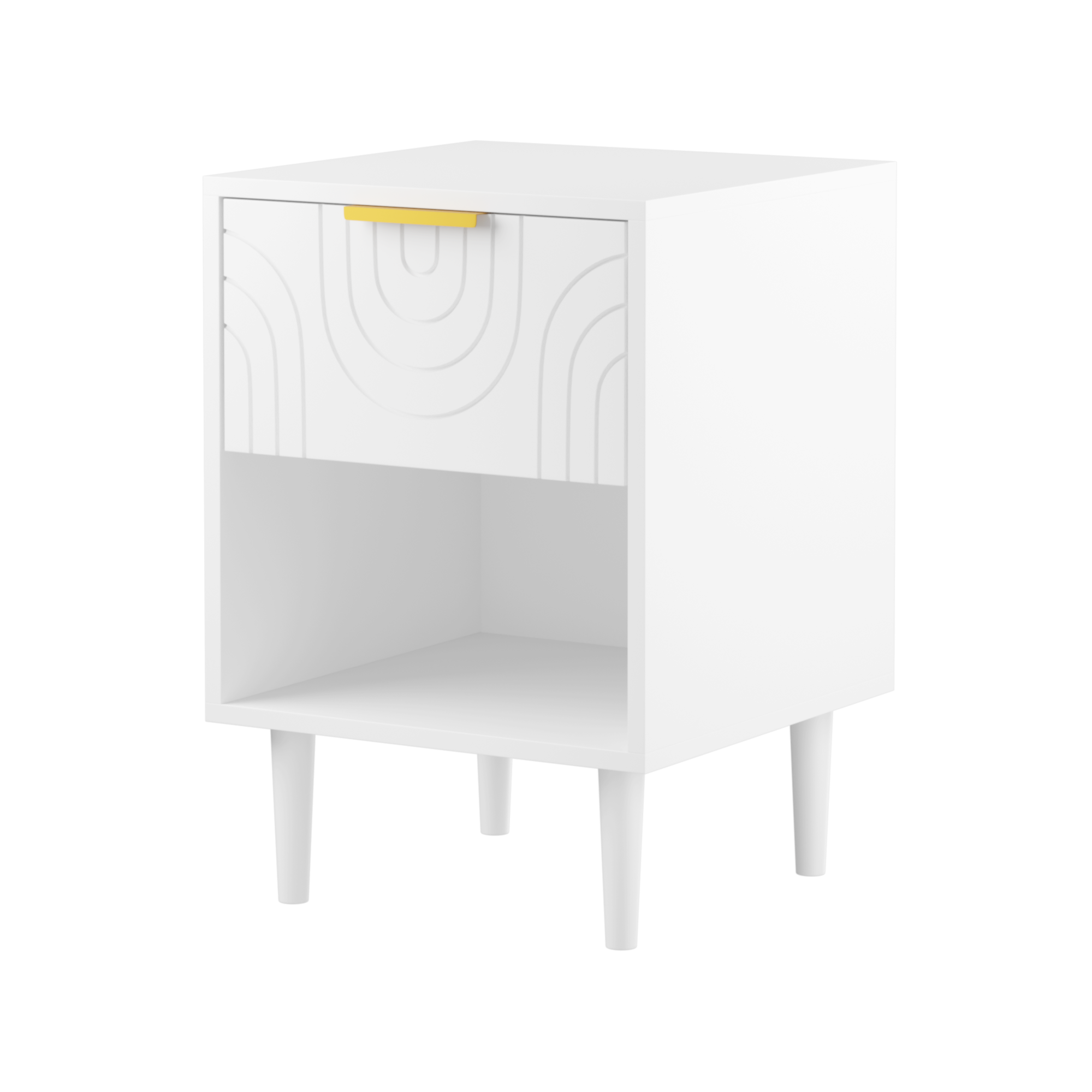 Modern White Nightstand with One Drawer and Open Shelf, Gold-Accented Handle, 22.83'' H, MDF, White - Grand Goldman Shop