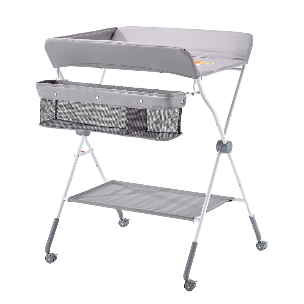 Foldable Baby Changing Diaper Station with Side Basket & Wheels Light Gray | Premium Home Decor - Grand Goldman