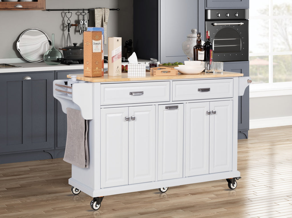 Kitchen Island with Rubber wood Countertop, Kitchen Cart on 5 Wheels with Storage Cabinet and 2 Top Drawers and A center double layered storage drawer for Dinning Room, White - Grand Goldman Shop
