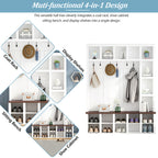 Farmhouse Wooden Hall Tree with 6 Hooks, Walnut Storage Bench with Adjustable Shelves, 4-in-1 Entryway Shoe Cabinet with Cubbies for Mudroom, Living Room, White, 76.7'H (OLD SKU: N721S000044K) - Grand Goldman Shop
