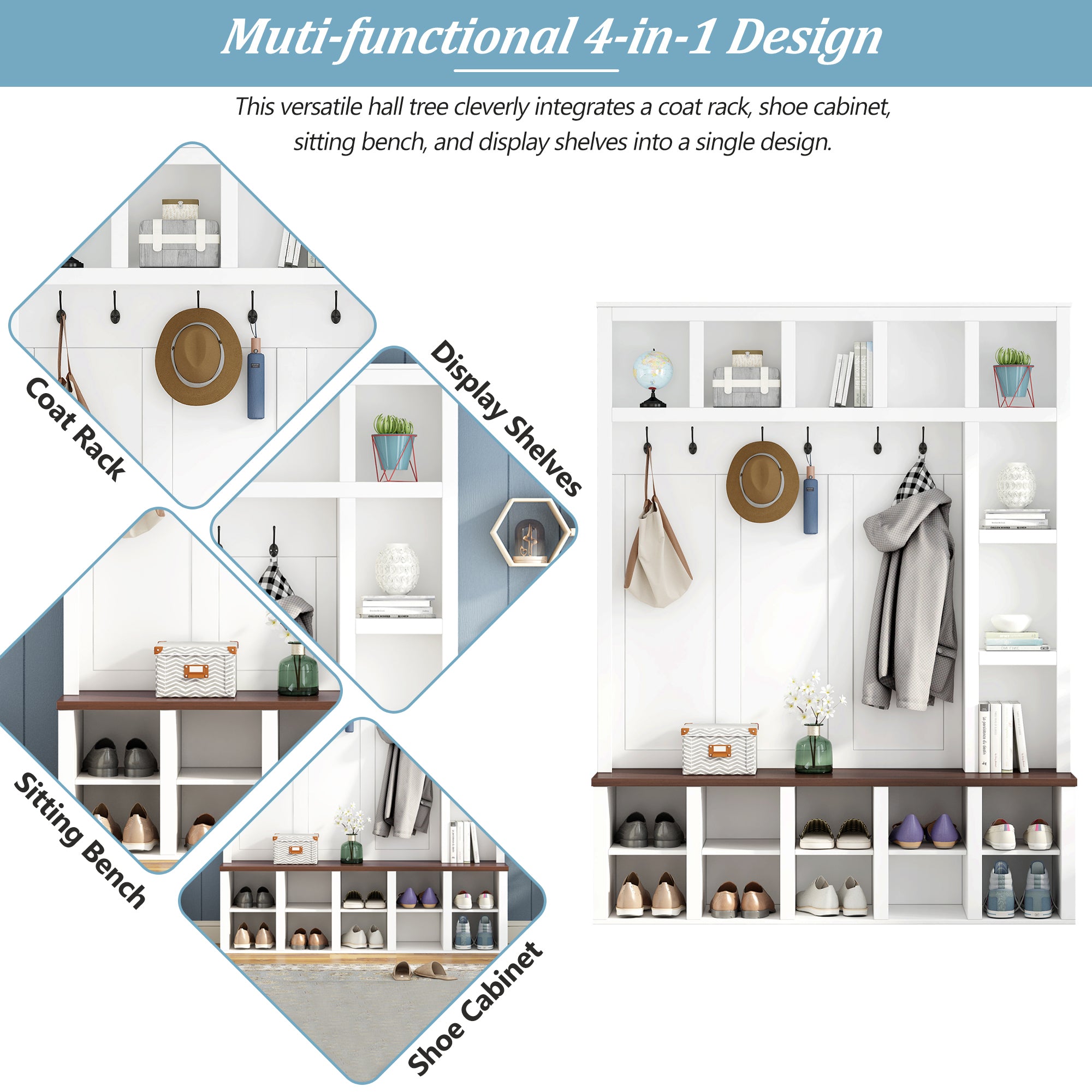 Farmhouse Wooden Hall Tree with 6 Hooks, Walnut Storage Bench with Adjustable Shelves, 4-in-1 Entryway Shoe Cabinet with Cubbies for Mudroom, Living Room, White, 76.7'H (OLD SKU: N721S000044K) - Grand Goldman Shop