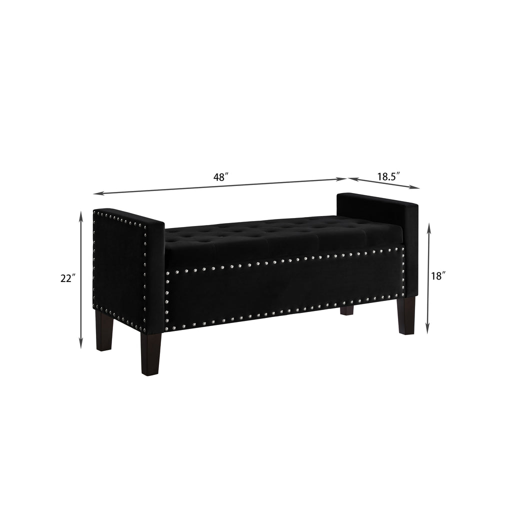 Upholstered Tufted Button Storage Bench with nails trim,Entryway Living Room Soft Padded Seat with Armrest,Bed Bench-Black - Grand Goldman Shop
