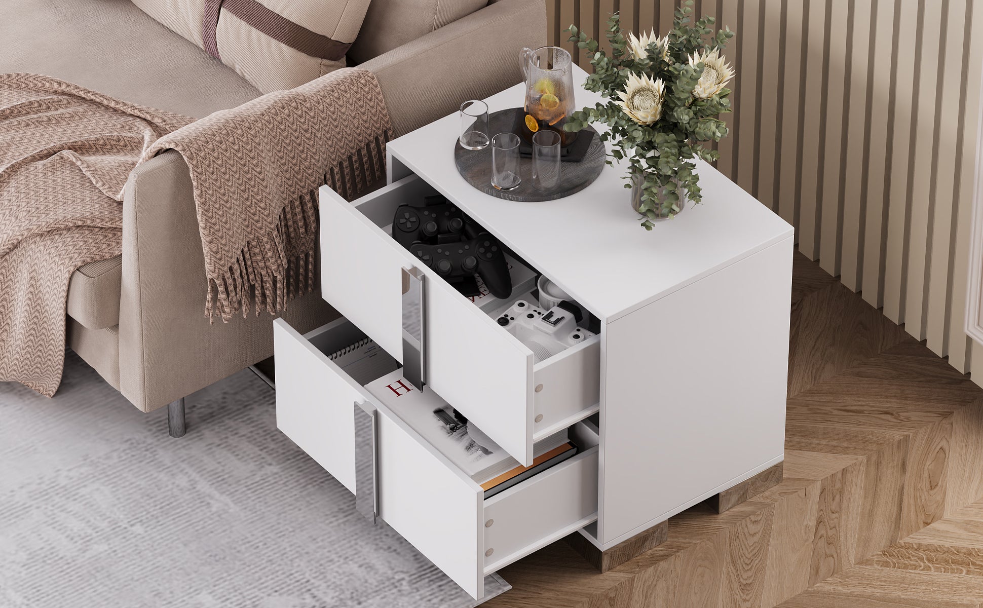Modern End Table with Drawers, Elegant Nightstand with Metal Foot,Wood Bedside Table with Mirrored Metal Handles,Sofa Side End Table for Bedroom Living Room Office,White - Grand Goldman Shop