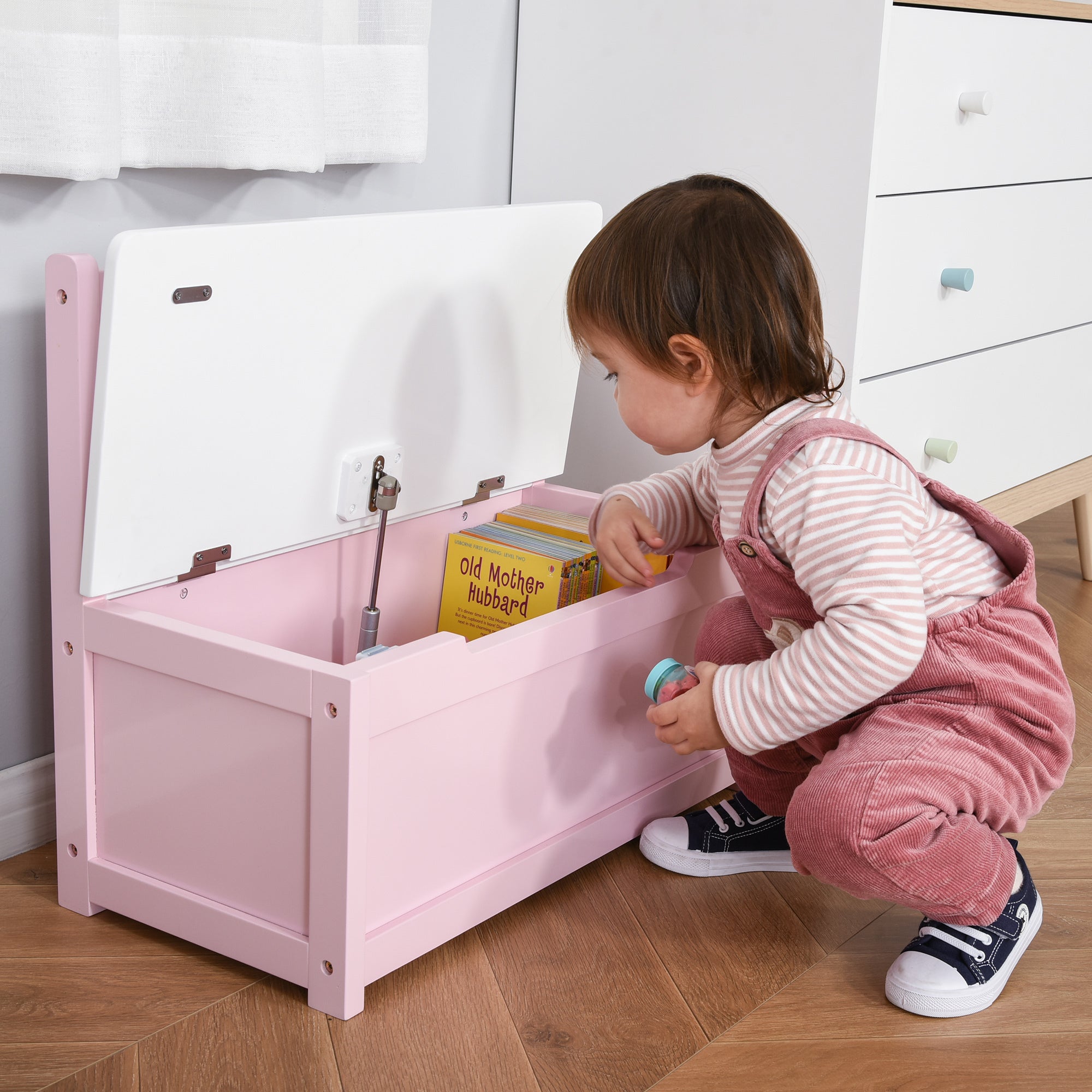 Qaba Toddler Toy Box Storage Bench with Large 27 L Interior, Kids Storage Bench Seat with Storage for Toddler Playroom Furnit