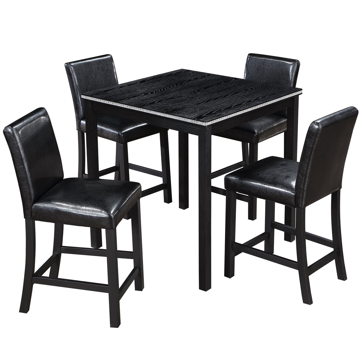 5PCs Counter Height Table Set, Wooden Kitchen Table Set with Square Table and 4 Upholstered Chairs, Counter Height Dining Table with Crystal Decoration and Chair Set for Kitchen, Dining Room, Black - Grand Goldman Shop
