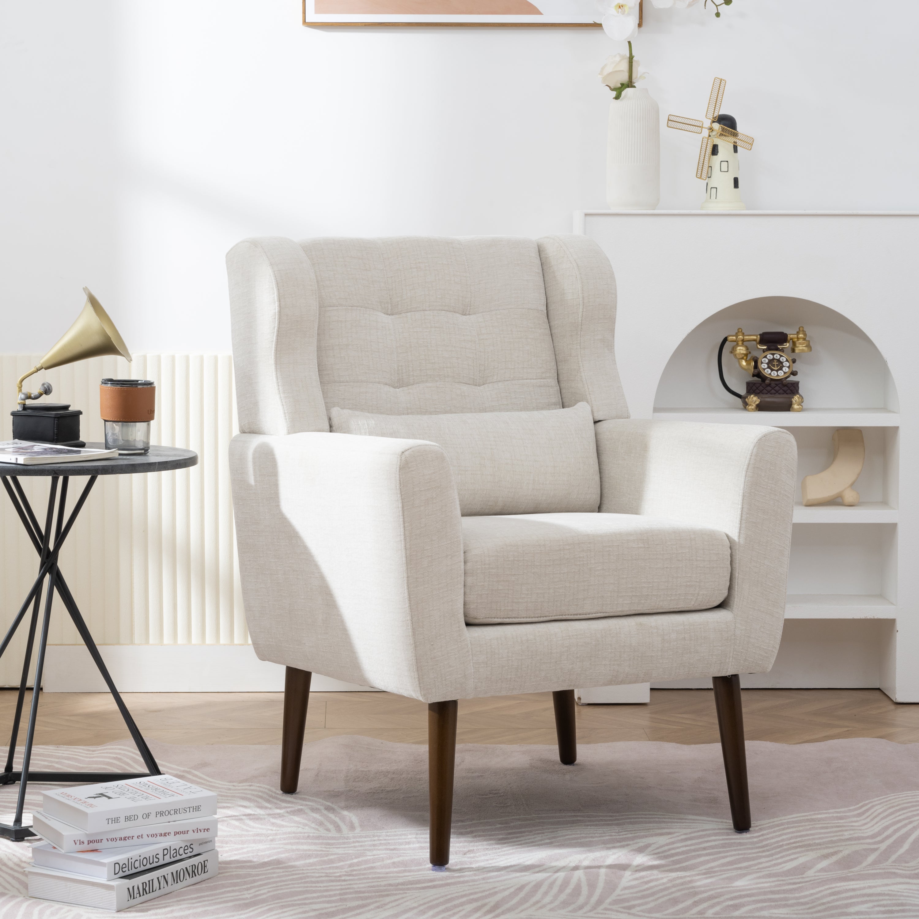 Modern Accent Chair Upholstered Foam Filled Living Room Chairs Comfy Reading Chair Mid Century Modern Chair with Chenille Fabric Lounge Arm Chairs Armchair for Living Room Bedroom (Beige) - Grand Goldman Shop
