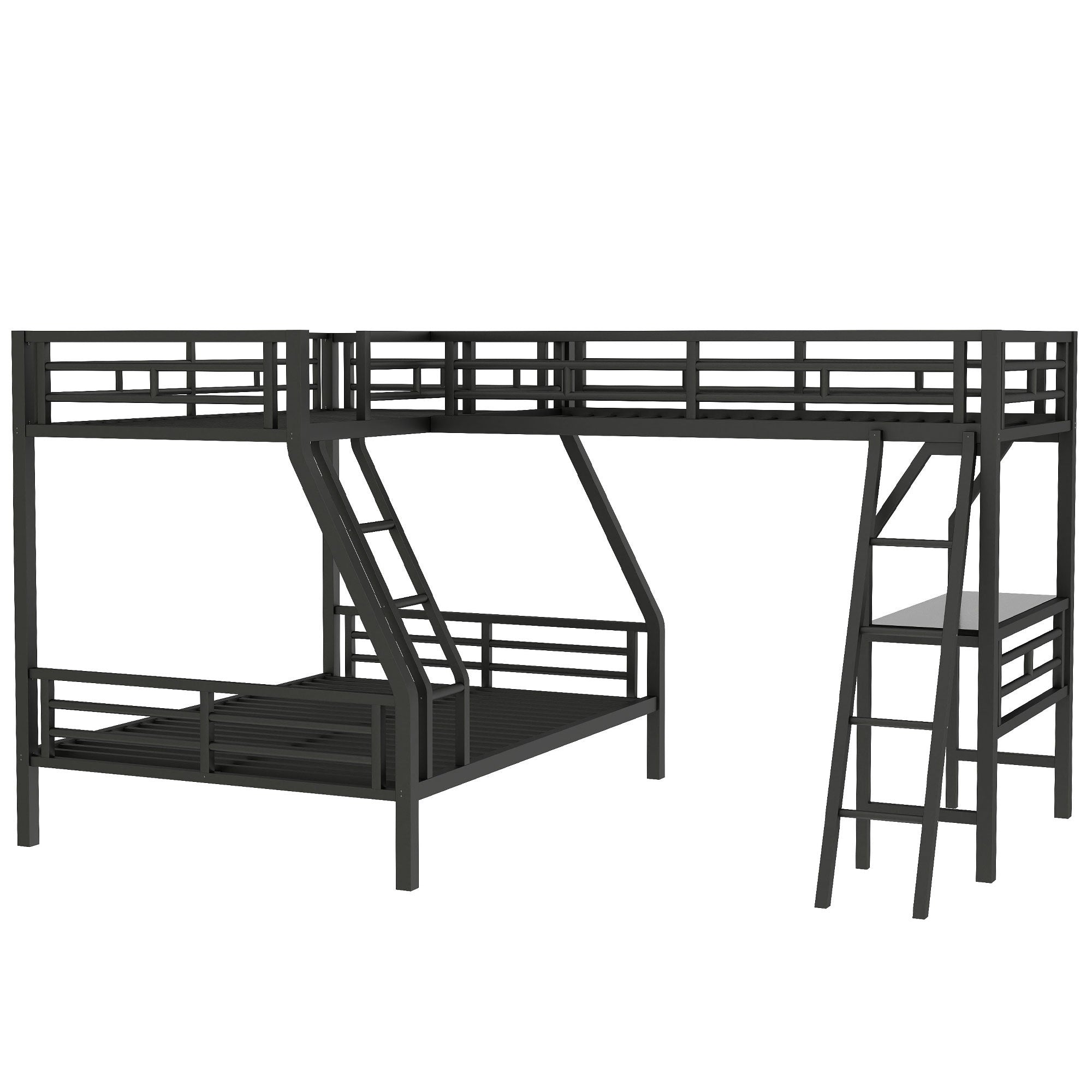 Twin over Full Bunk Bed with Loft and Desk, Metal Black, L-Shaped Design for 3 Sleepers - Grand Goldman Shop