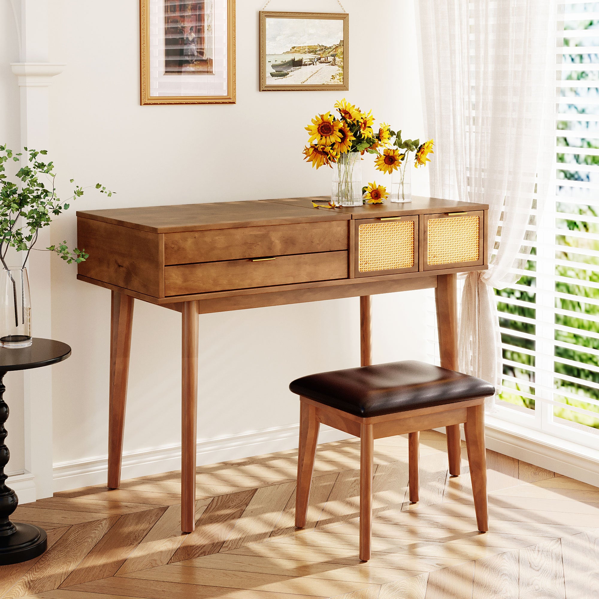 43.3' Classic Wood Makeup Vanity Set with Flip-top Mirror and Stool, Dressing Table with Three Drawers and storage space, Brown - Grand Goldman Shop