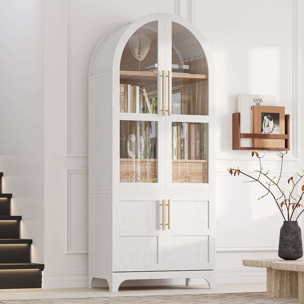 K&K 71' Tall Arched Kitchen Pantry Cabinet with Door Shelves, Farmhouse Kitchen Storage Cabinet with Open & Adjustable Shelves, Hidden Drawer & Glass Door, Cupboard for Kitchen, Dining Room, White - Grand Goldman Shop