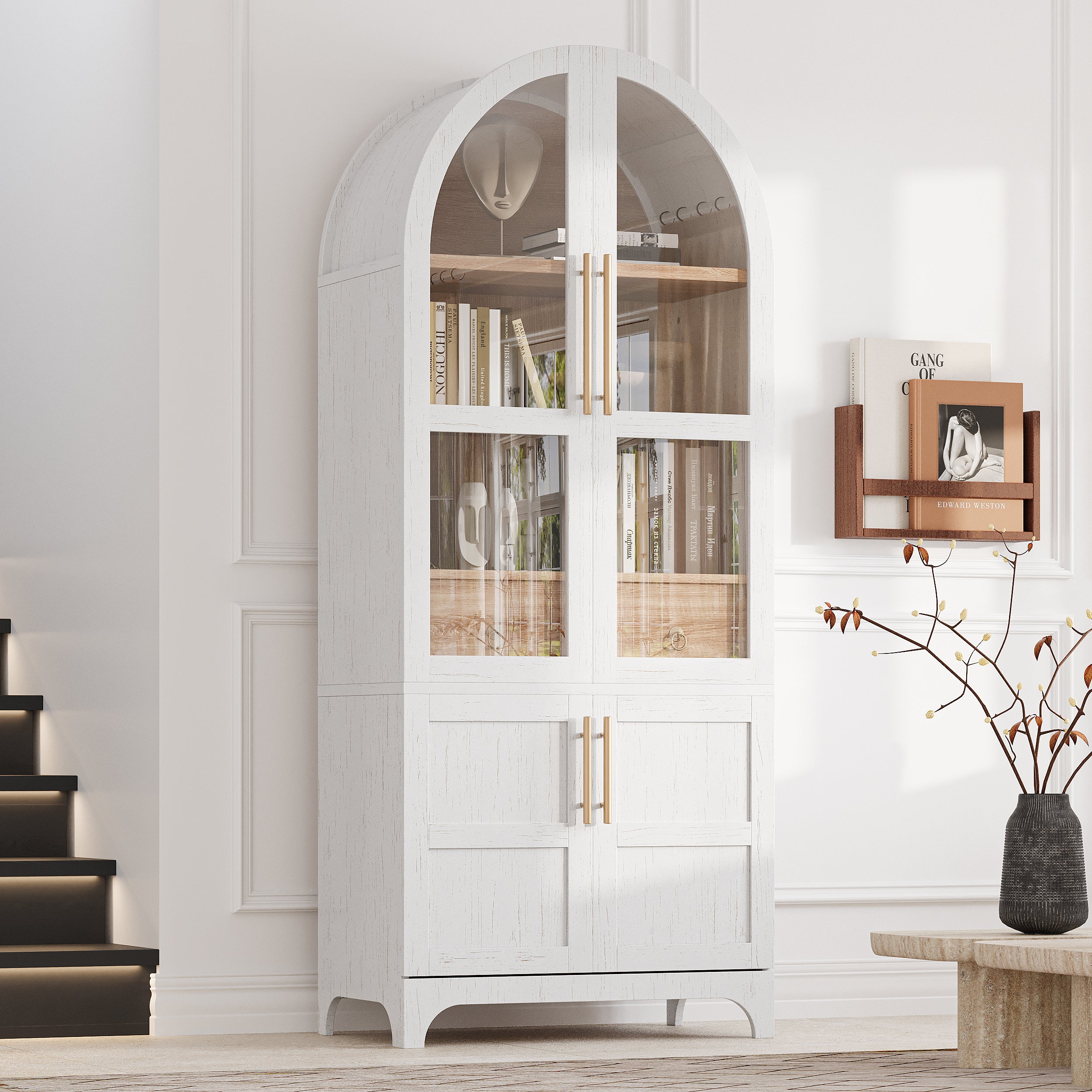 K&K 71' Tall Arched Kitchen Pantry Cabinet with Door Shelves, Farmhouse Kitchen Storage Cabinet with Open & Adjustable Shelves, Hidden Drawer & Glass Door, Cupboard for Kitchen, Dining Room, White - Grand Goldman Shop