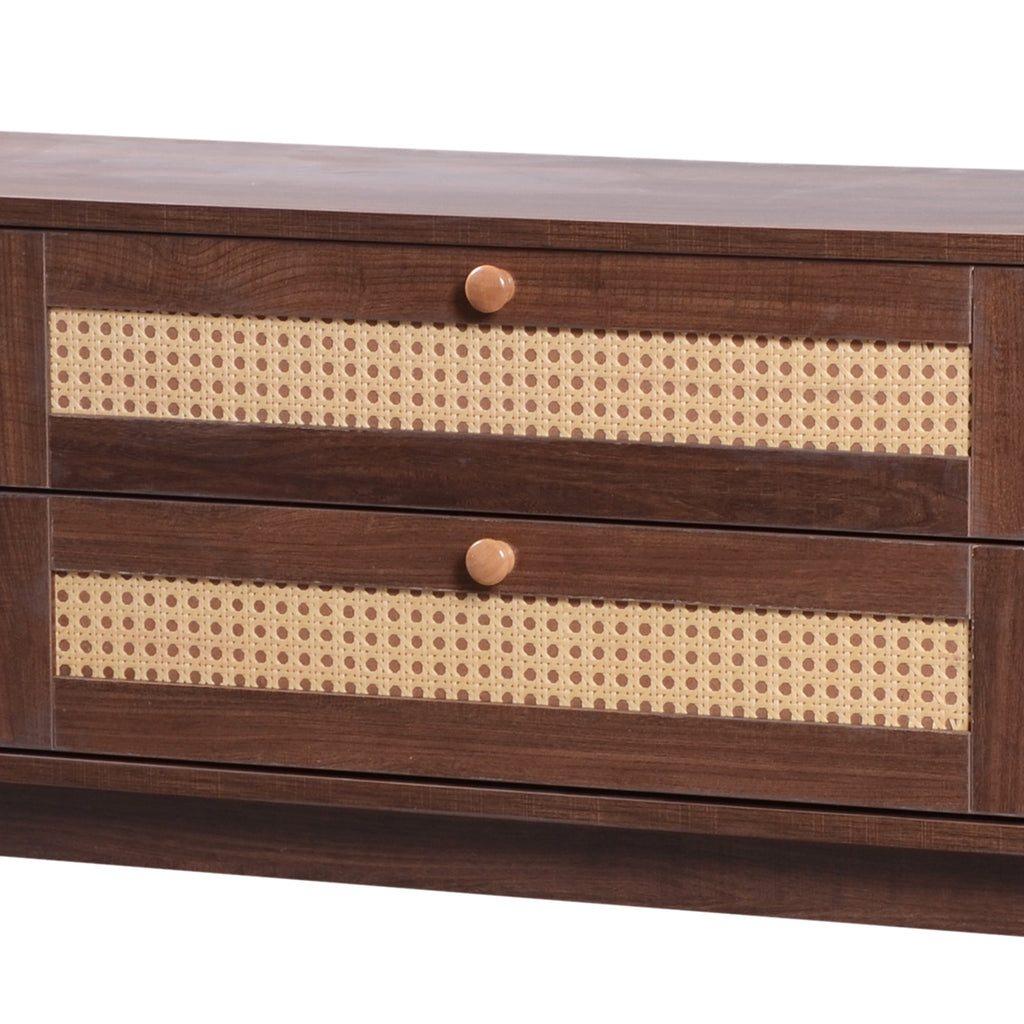 Modern Farmhouse Rattan TV Stand for TVs up to 75'', Natural Wood and Brown Solid Wood Legs, MDF Cabinet with Rattan Drawers and Sliding Doors, 66.93'' L Living Room Entertainment Console - Grand Goldman Shop