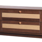 Modern Farmhouse Rattan TV Stand for TVs up to 75'', Natural Wood and Brown Solid Wood Legs, MDF Cabinet with Rattan Drawers and Sliding Doors, 66.93'' L Living Room Entertainment Console - Grand Goldman Shop