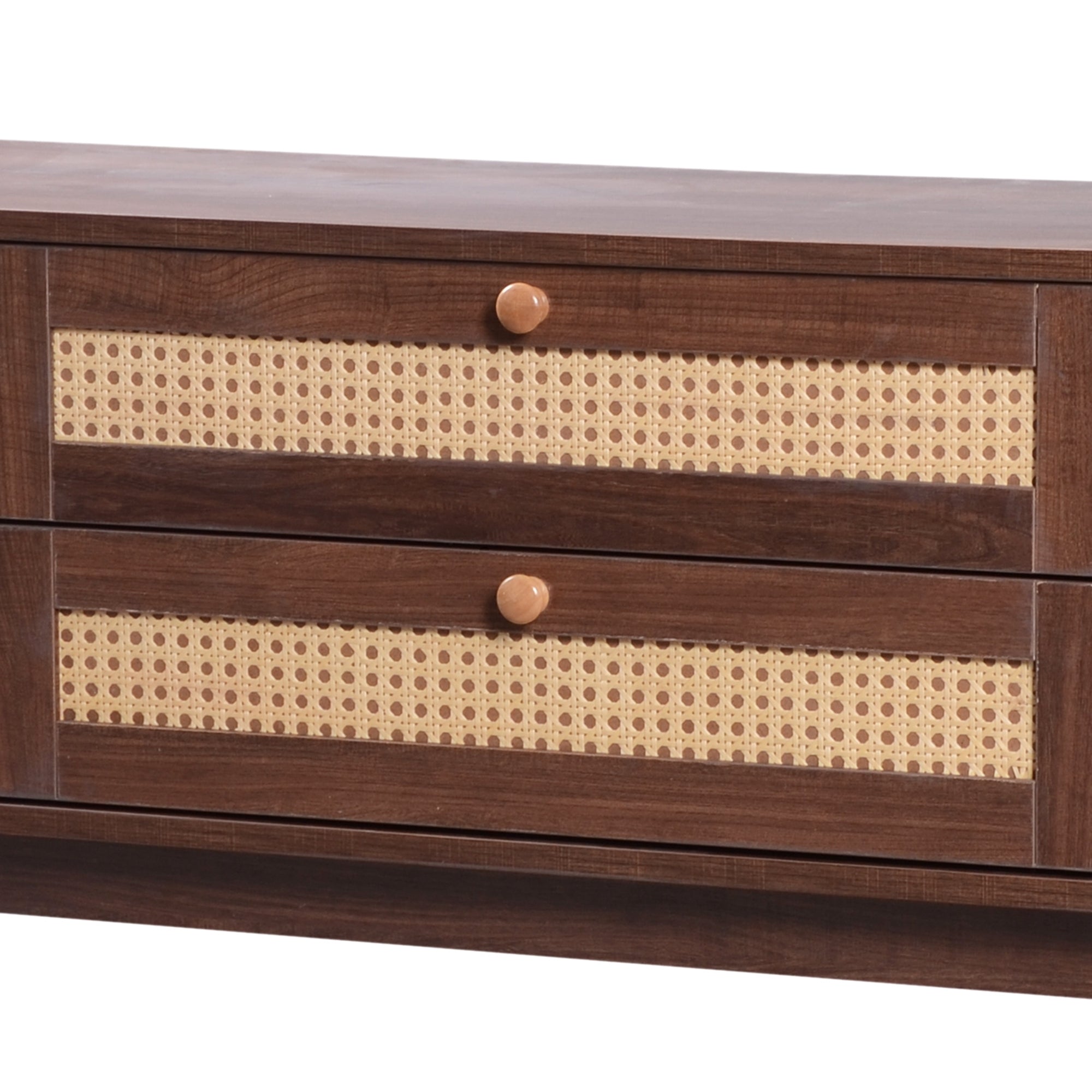 Modern Farmhouse Rattan TV Stand for TVs up to 75'', Natural Wood and Brown Solid Wood Legs, MDF Cabinet with Rattan Drawers and Sliding Doors, 66.93'' L Living Room Entertainment Console - Grand Goldman Shop
