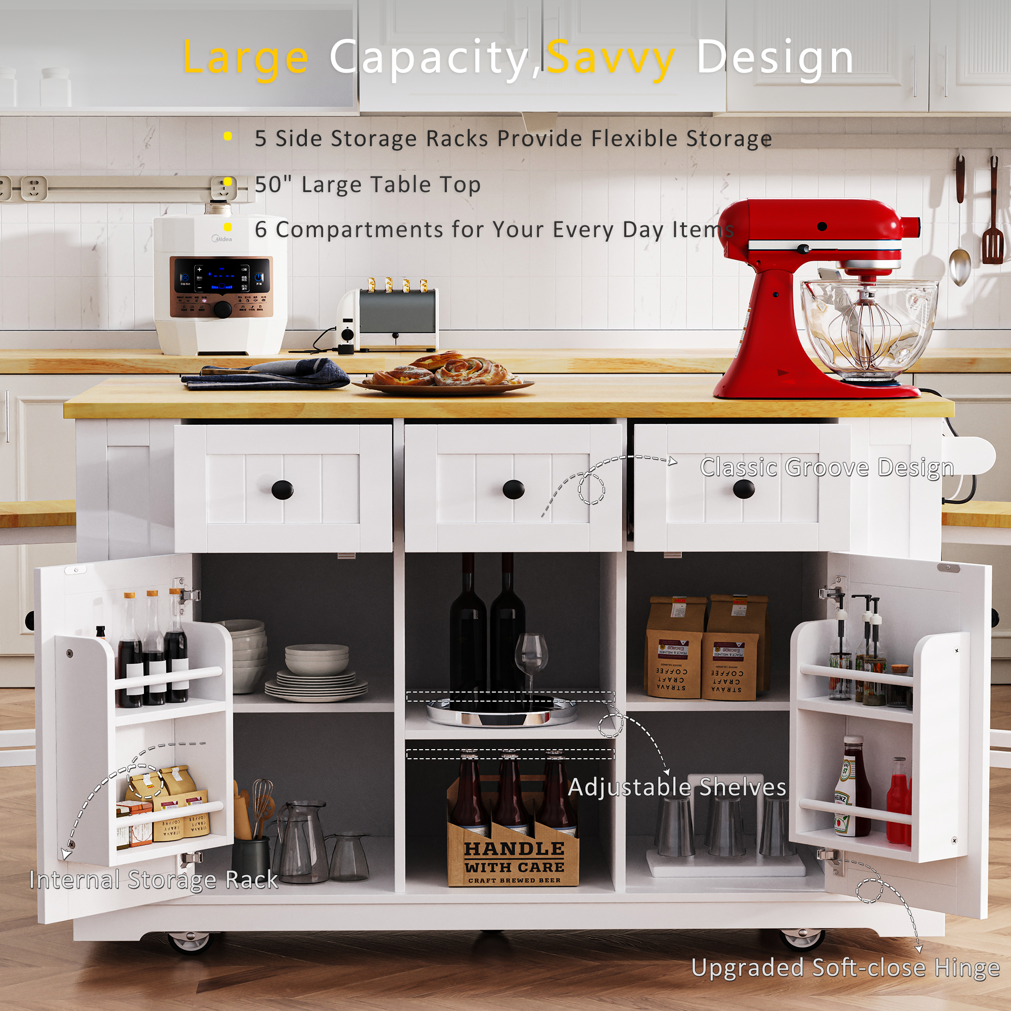 K&K 53inch Large Kitchen Island with Drop Leaf,Power Outlet,Door Internal Storage Rack,Rolling Kitchen Cart on 5 Wheels with 5 Open Side Racks for Kitchen,White (Two Packages)(Stools not included) - Grand Goldman Shop
