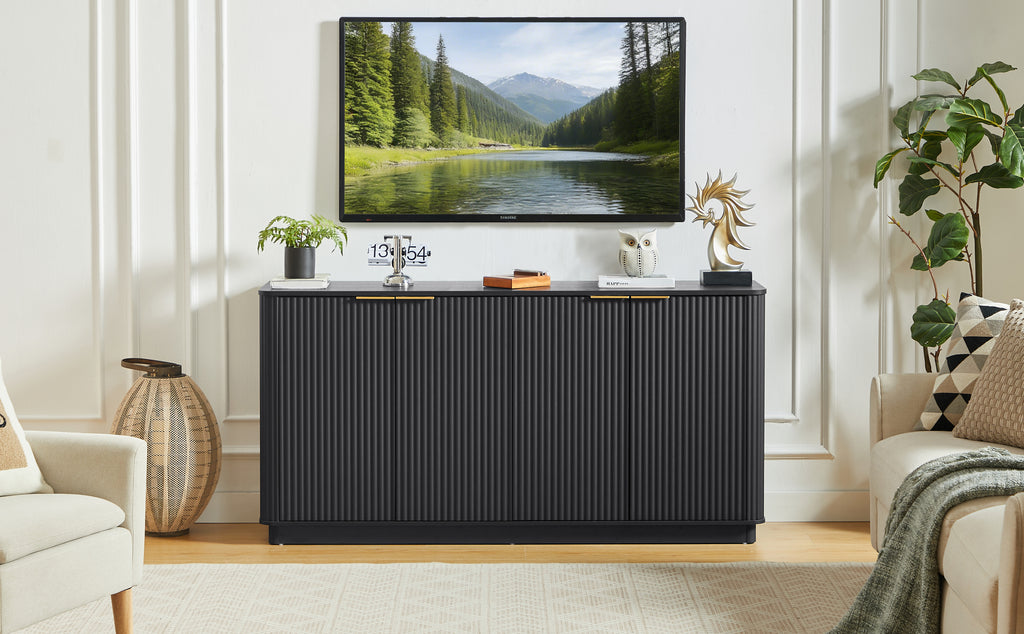 63' Vertical Stripe Buffet Cabinet Sideboard with stoarge, Curved wave Design, TV Stand, for Bedroom, Living Room, Hallway, Black,63''W x 15.75''D x 31.5''H. - Grand Goldman Shop