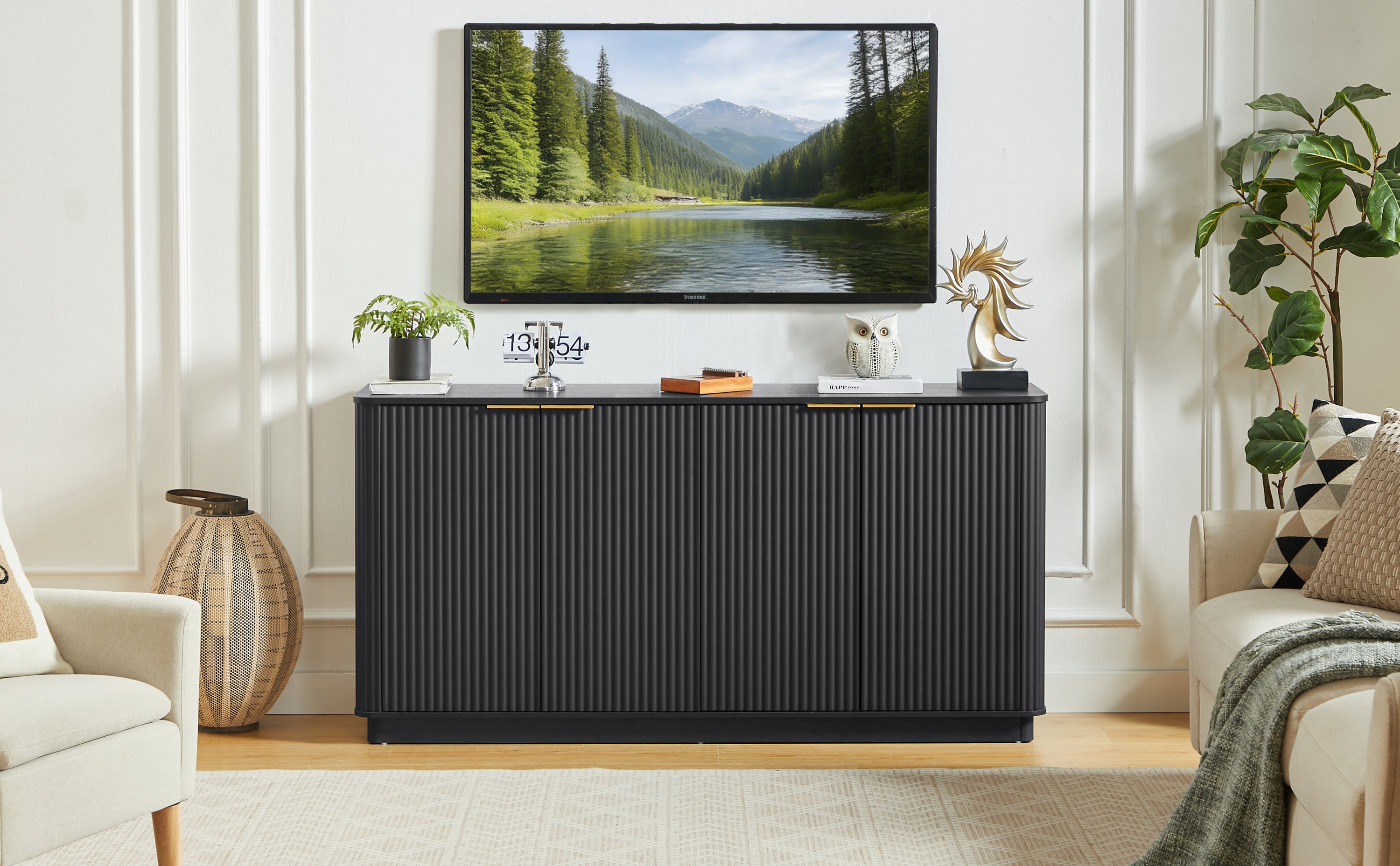 63' Vertical Stripe Buffet Cabinet Sideboard with stoarge, Curved wave Design, TV Stand, for Bedroom, Living Room, Hallway, Black,63''W x 15.75''D x 31.5''H. - Grand Goldman Shop