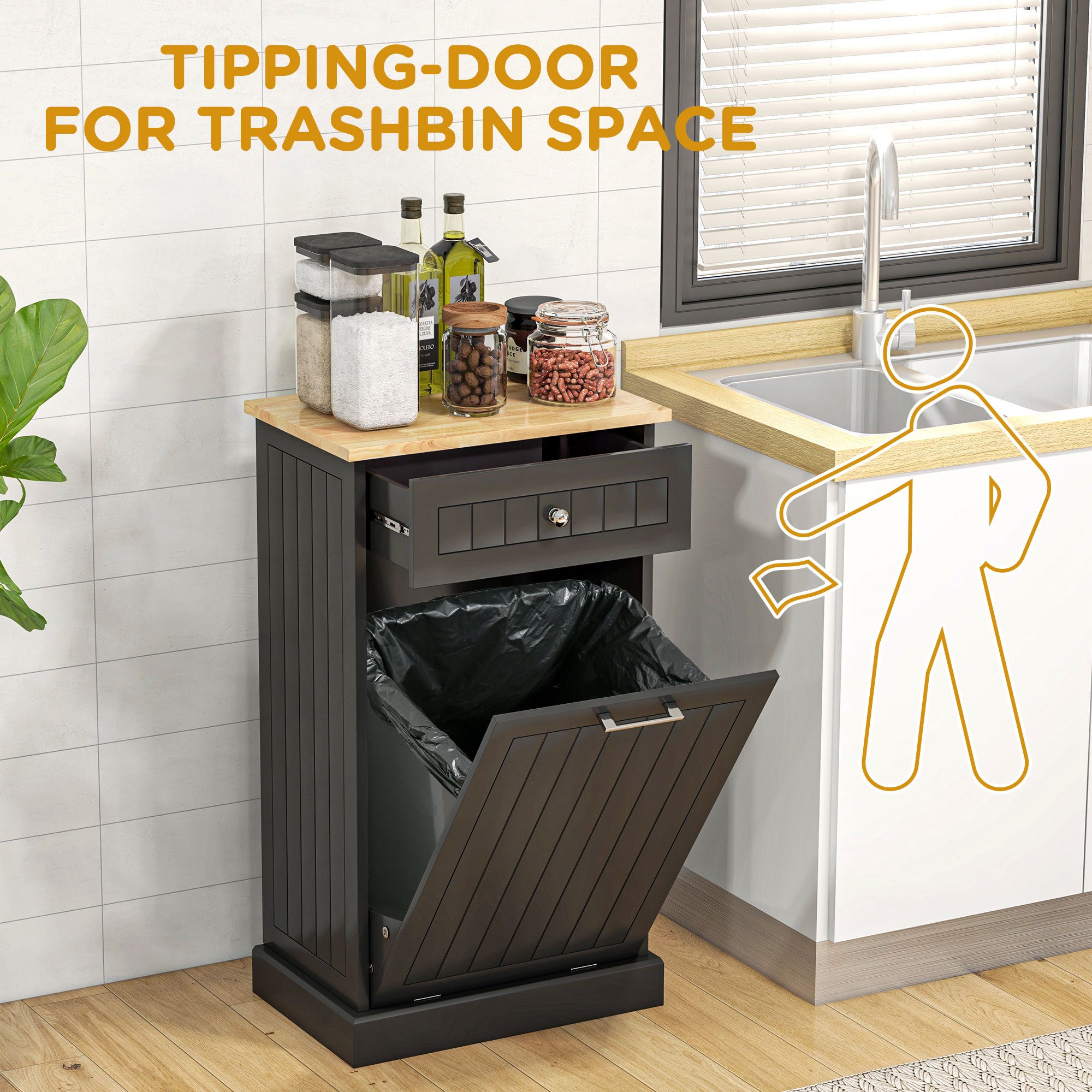 HOMCOM Kitchen Tilt Out Trash Bin Cabinet Free Standing Recycling Cabinet Trash Can Holder With Drawer, Black - Grand Goldman Shop