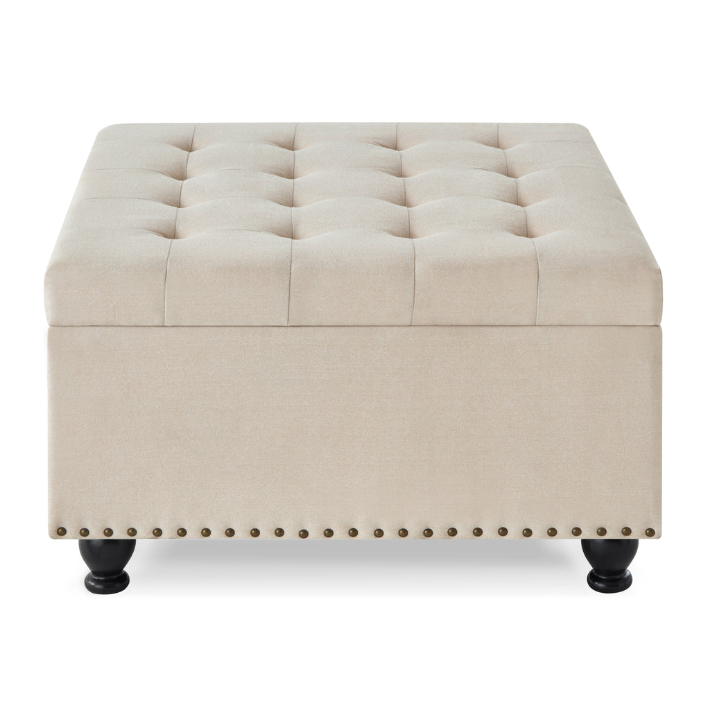 Large square storage ottoman with wooden legs, Upholstered button tufted coffee table with nail trims for Living Space,Beige - Grand Goldman Shop