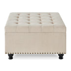 Large square storage ottoman with wooden legs, Upholstered button tufted coffee table with nail trims for Living Space,Beige - Grand Goldman Shop