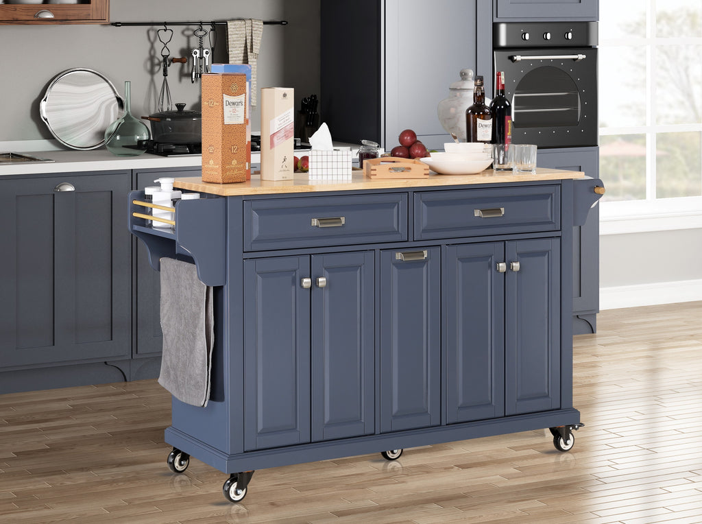 Kitchen Island with Rubber wood Countertop, Kitchen Cart on 5 Wheels with Storage Cabinet and 2 Top Drawers and A center double layered storage drawer for Dinning Room, Blue - Grand Goldman Shop