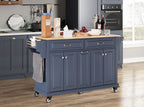 Kitchen Island with Rubber wood Countertop, Kitchen Cart on 5 Wheels with Storage Cabinet and 2 Top Drawers and A center double layered storage drawer for Dinning Room, Blue - Grand Goldman Shop
