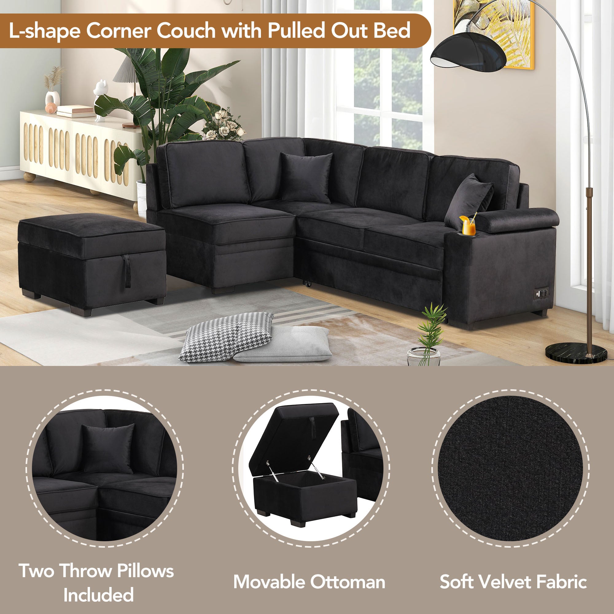 Modern Velvet Sleeper Sofa Bed with Storage Ottoman, Black, 84.75' L Shape - Grand Goldman Shop