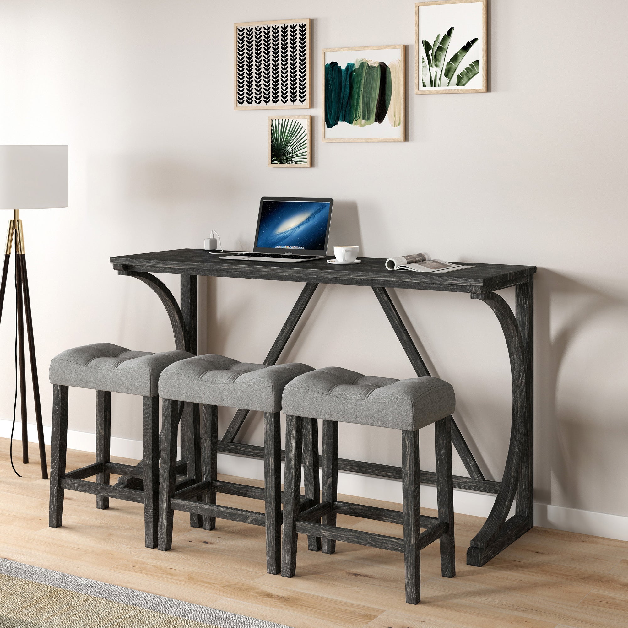 Bar Table Set with Power Outlet, Bar Table and Chairs Set, 4 Piece Dining Table Set, Industrial Breakfast Table Set, for Living Room, Dining Room, Game Room - Grand Goldman Shop