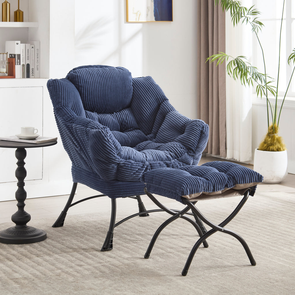 Lazy Chair with Ottoman, Modern Lounge Accent Chair with Armrests and a Side Pocket, Leisure Upholstered Sofa Chair Reading Chair with Footrest for Small Space, Corner Chair-Navy blue - Grand Goldman Shop