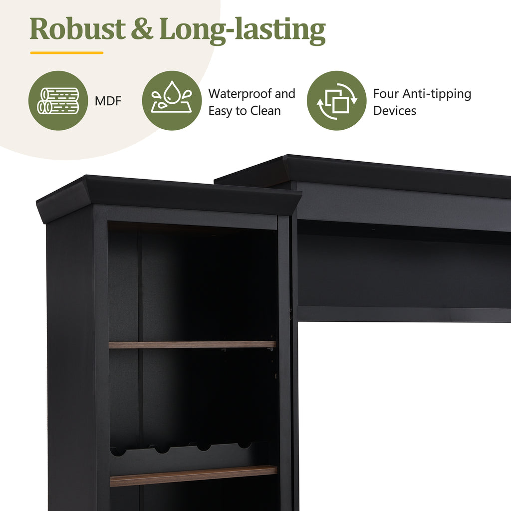 Farmhouse Entertainment Wall Unit with Bookshelf for TVs Up to 70', Walnut TV Stand with Adjustable Shelves, Mid-Century Media Console with Wine Rack for Living Room, Black (NEW SKU: N721S000046B-2) - Grand Goldman Shop